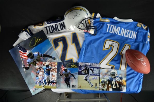 Lot of Nine (9) Different LaDainian Tomlinson Chargers Signed items with Two Jerseys and Helmet